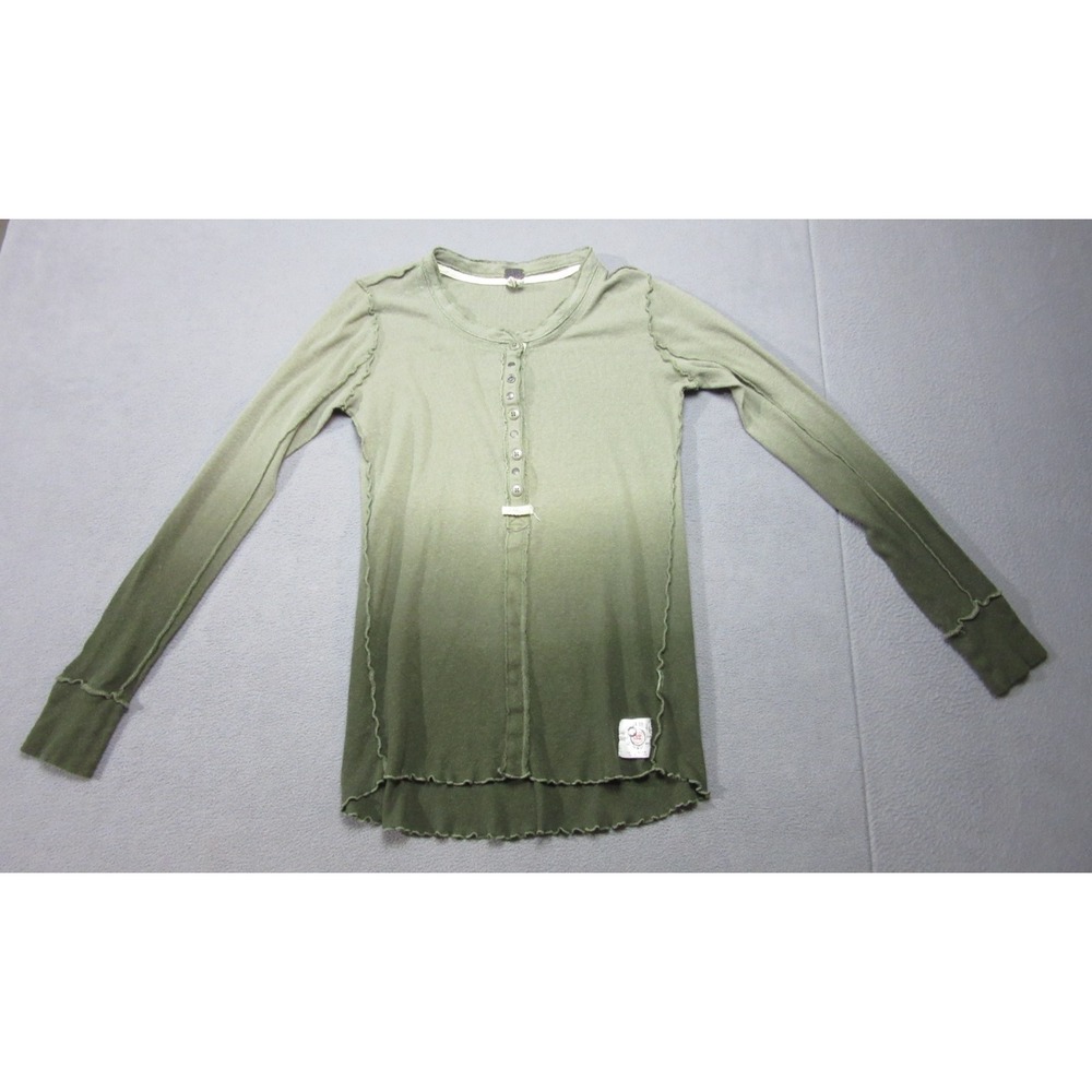 Free People Shirt Womens Medium Green Ombre Linen Henley Neck Knit Cozy Up
